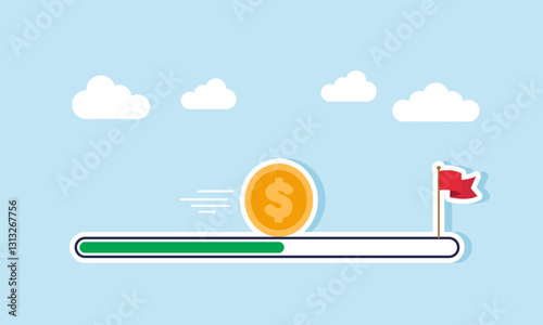 A dollar coin moves toward a flagpole following the progress of a loading bar, illustration of progress in achieving a company's financial target