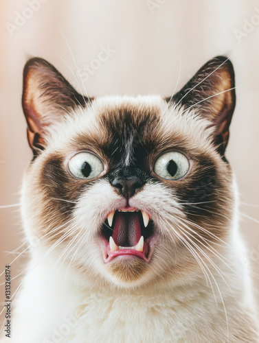 grumpy cat caught mid yawn, looking like it screaming