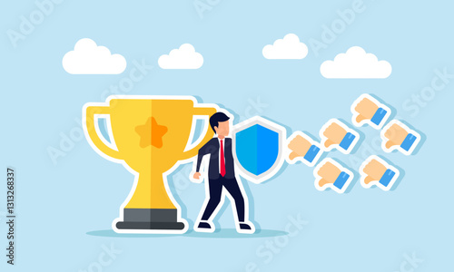 A businessman holds a shield, trying to protect a trophy from attacks by several thumbs-down emojis dislikes, illustration of warranty ensuring service and product quality