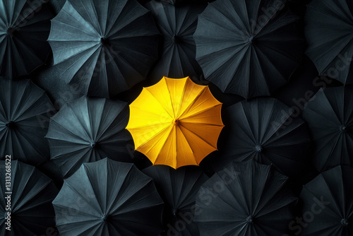 A collection of blue umbrellas with a single yellow umbrella standing out in the middle; a metaphor for uniqueness or nonconformity in a uniform group. photo