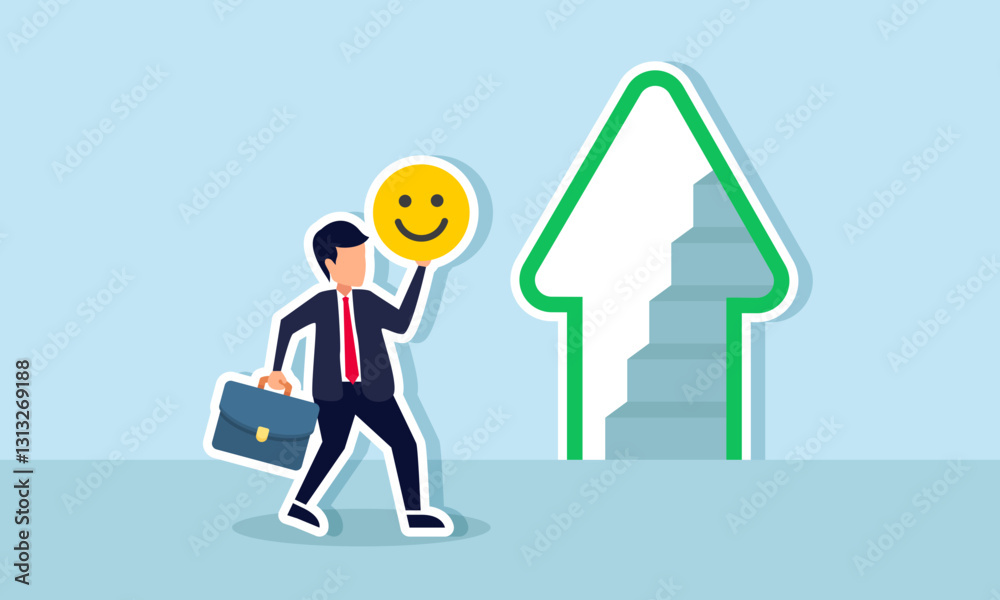 A businessman holds a happy emoticon while climbing stairs with an upward arrow, illustration of business performance improvement through positive market attention A businessman holds a happy emoticon while climbing stairs with an upward arrow, illustration of business performance improvement through positive market attention