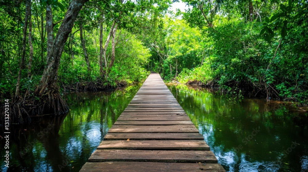 Obraz premium A wooden bridge crossing a peaceful river deep in the jungle
