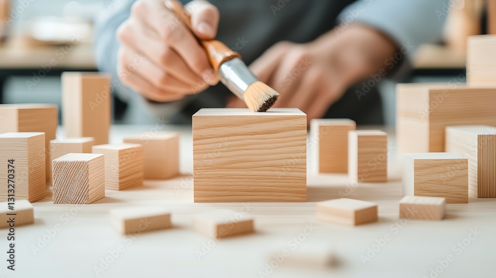Crafting wooden blocks a creative workshop scene indoor environment artistic process focused viewpoint Crafting wooden blocks a creative workshop scene indoor environment artistic process focused viewpoint