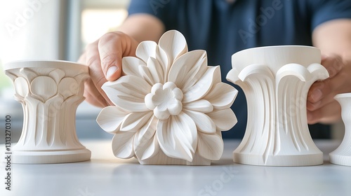 Artisan crafting decorative plaster moldings studio workshop product showcase bright environment close-up view design inspiration