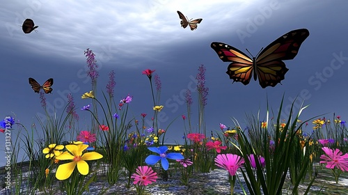 Butterflies fly over colorful meadow under stormy sky