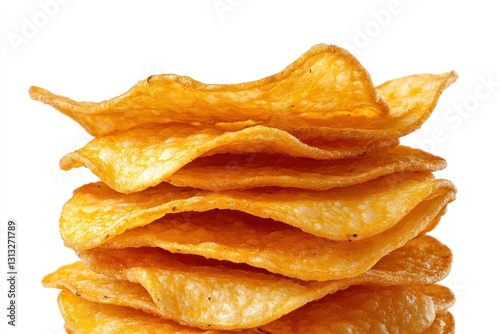 a tempting stack of golden potato chips isolated on a pure white background ready for snacking