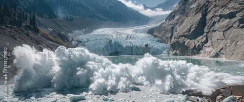 Glacial lake outburst flood a mountain valley, massive ice chunks calve into powerful water flow, threatening destruction of artificial structures.