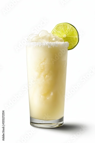 frozen margarita in a tall glass garnished with a salted rim and lime wedge. The background is white to highlight the drinks frosty texture. 