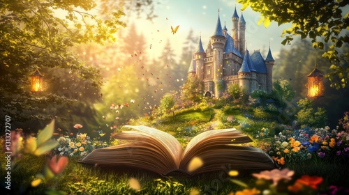An open book reveals a fantastic castle in a whimsical garden