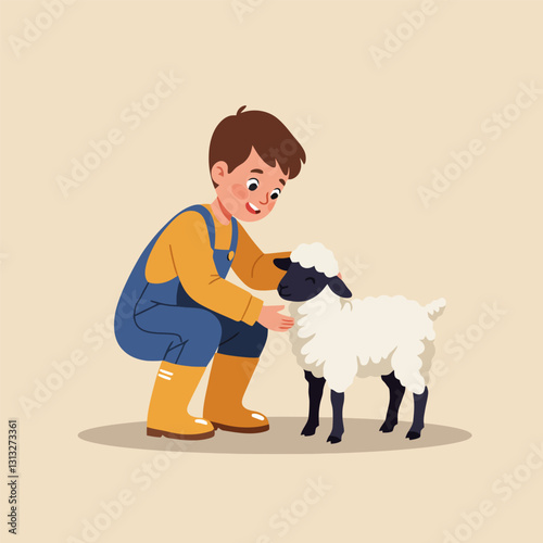 Young Person Interacting with Sheep Illustration in Gentle Colors