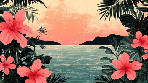 Tropical pixelated paradise hibiscus sunset ocean horizon exotic island pixel art summertime retro video game style landscape creation
