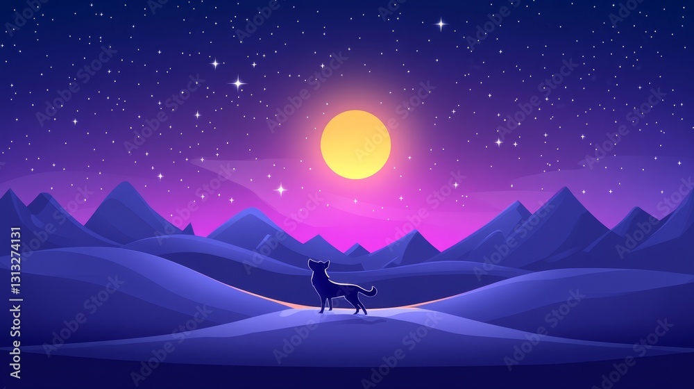 Obraz premium Pixelated moonlit canine journey through starry mountains in retro gaming style, perfect for nostalgic backgrounds and digital art projects
