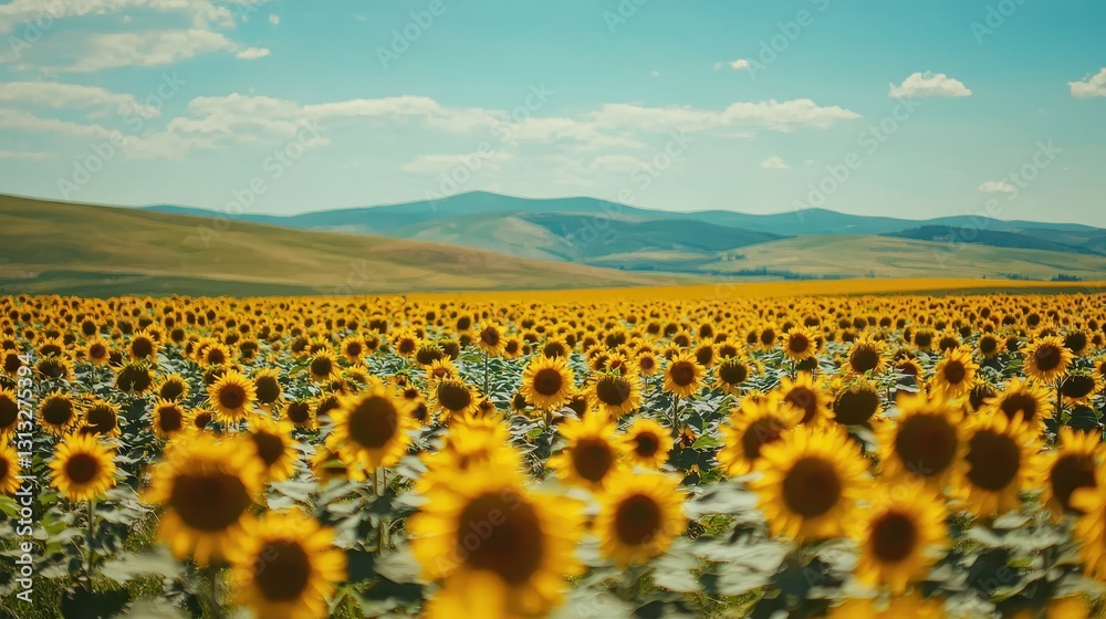 Obraz premium Vibrant Sunflower Field Under Clear Blue Sky and Gentle Mountains
