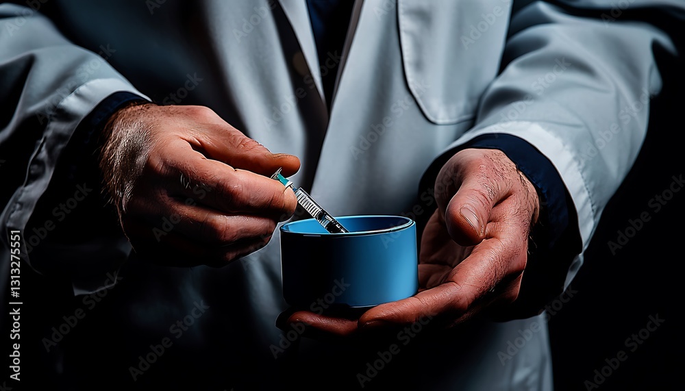 Obraz premium Closeup Hands Holding Syringe Over Blue Container