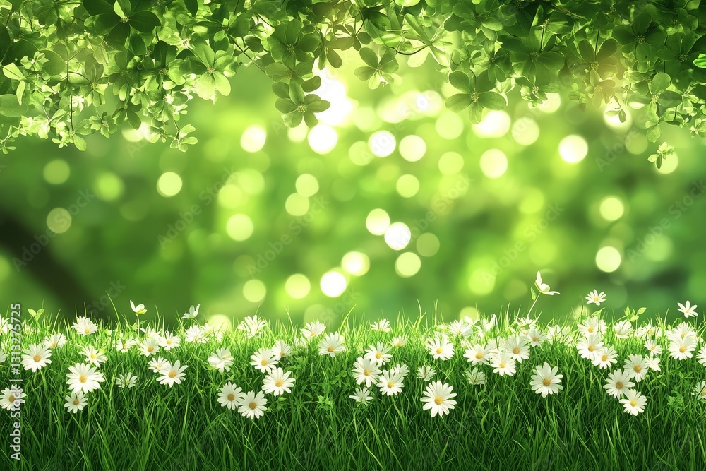 Beautiful spring daisies on green meadow with blurred background, sunlight, and copy space for banner or panorama. Beautiful spring daisies on green meadow with blurred background, sunlight, and copy space for banner or panorama.