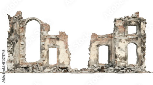 Crumbling walls and archways of a ruined building with transparent background