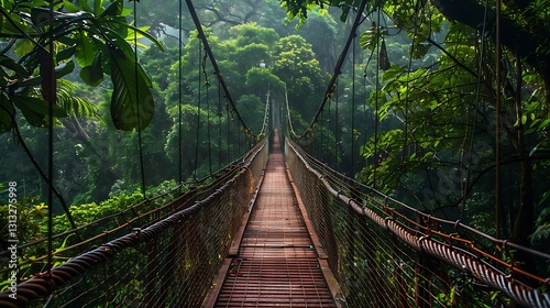 Tranquil Suspension Bridge Over Lush Green Jungle Canopy in Serene Natural Environment