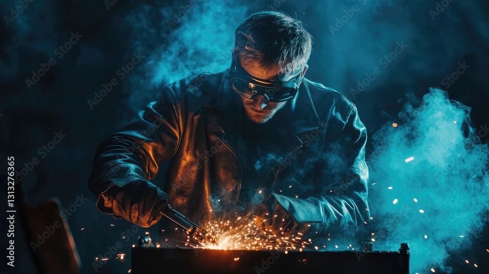 Welding in a Smoky, Blue-Lit Workshop Welding in a Smoky, Blue-Lit Workshop