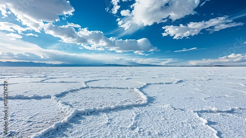 Vast Salt Flat Under Dramatic Cloudy Sky with Deep Blue Horizon and Unique Land Patterns
