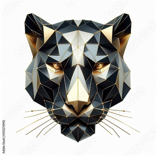 3d Geometric metallic gold and silver Black panther head Illustration on a white background photo