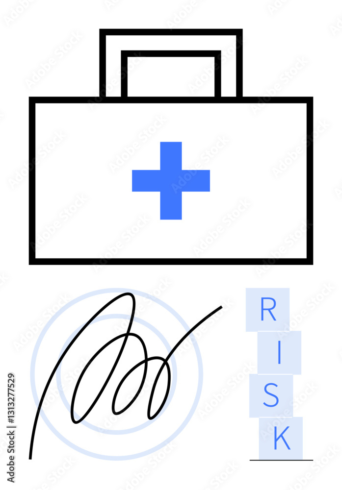 Fototapeta premium First aid kit icon with a blue cross, stacked RISK blocks, and abstract signature. Ideal for healthcare, safety, risk management, contracts, decision-making, trust abstract line flat metaphor