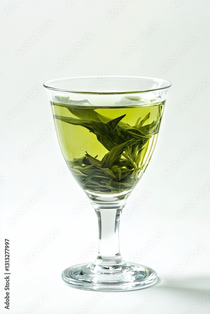Green tea in a transparent glass on a white background Green tea in a transparent glass on a white background