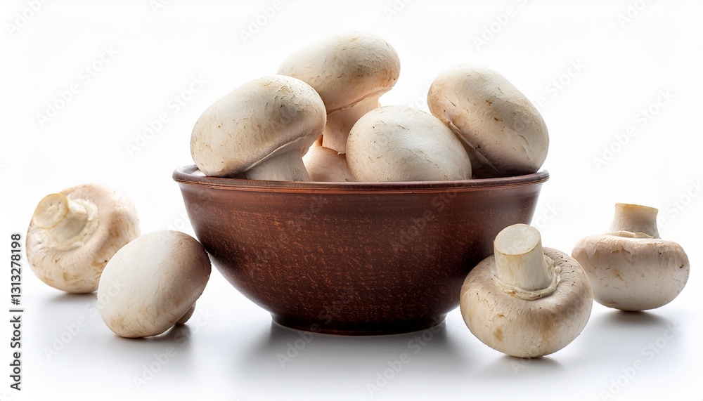 fresh mushrooms champignon in brown bowl on white background fresh mushrooms champignon in brown bowl on white background