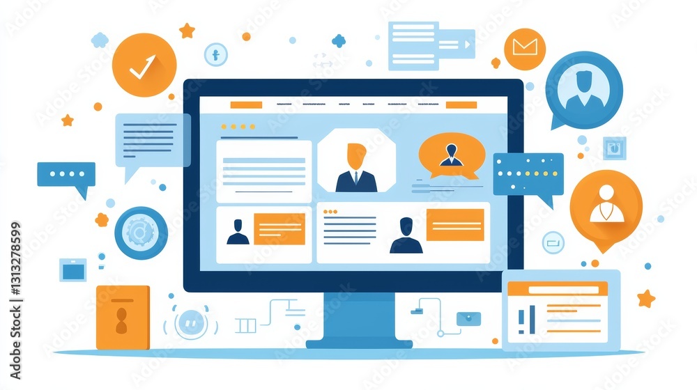 A digital illustration of a computer screen displaying user profiles and chat bubbles, representing online communication and networking. A digital illustration of a computer screen displaying user profiles and chat bubbles, representing online communication and networking.