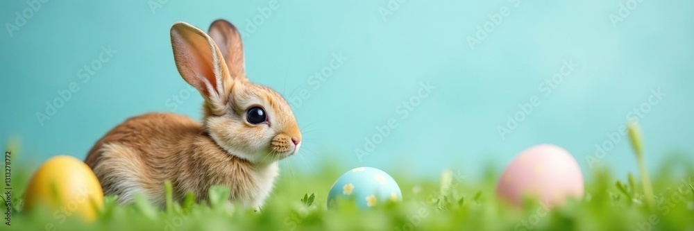 Fototapeta premium Soft brown bunny nestled in grass, pastel blue background Fluffy fur, Easter eggs , eggs, charming