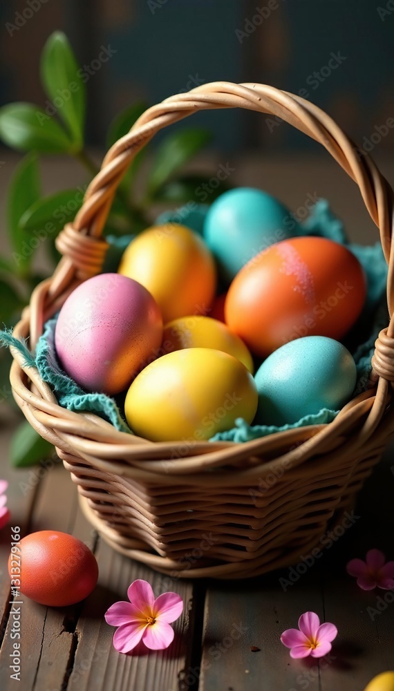 Vibrant painted eggs overflowing a woven basket , eggs, spring basket, springtime Vibrant painted eggs overflowing a woven basket , eggs, spring basket, springtime
