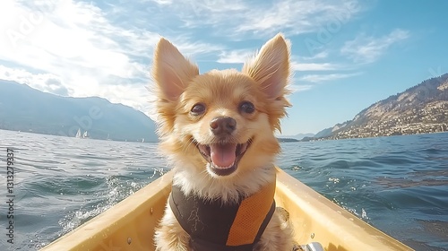 Happy dog enjoys kayaking adventure on scenic lake nature photography bright and cheerful environment