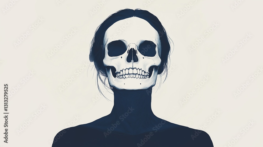 A striking image of a person with a skull painted face against a minimalist background. This artwork represents themes of mortality, identity, and the human condition. A striking image of a person with a skull painted face against a minimalist background. This artwork represents themes of mortality, identity, and the human condition.