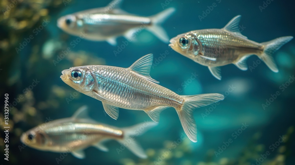 Fototapeta premium A group of small fish swimming together in perfect harmony beneath the surface of a calm lake. Their silvery scales shimmer under the filtered light, creating a stunning underwater scene.