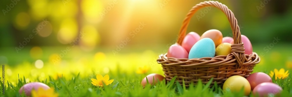 Sun-drenched field, woven basket brimming with assorted Easter eggs , meadow, grass Sun-drenched field, woven basket brimming with assorted Easter eggs , meadow, grass