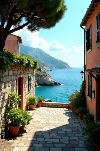 Sun-drenched Cervione village, Corsican coast , buildings, natural beauty photo