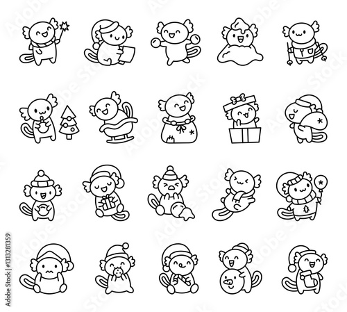 Axolotl christmas set featuring adorable characters with santa hat, winter hat, snowball fights, festive gifts, holiday decorations, sledding fun, candy canes, cozy scarves and joyful winter moments
