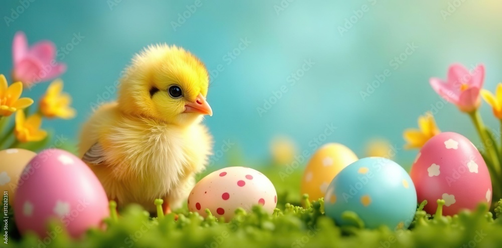 Tiny chick surrounded by colorful Easter eggs and blooming spring flowers , adorable, close-up, nature Tiny chick surrounded by colorful Easter eggs and blooming spring flowers , adorable, close-up, nature
