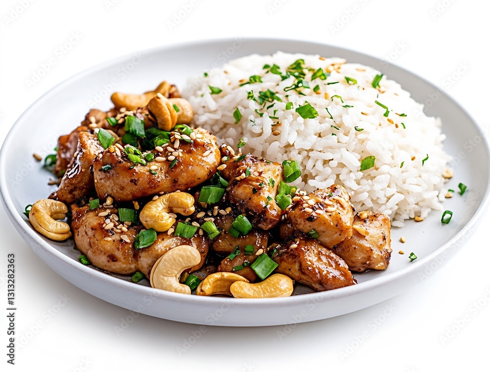 Tasty chicken with cashews served alongside fluffy rice and garnished with fresh herbs on a plate : Generative AI Tasty chicken with cashews served alongside fluffy rice and garnished with fresh herbs on a plate : Generative AI