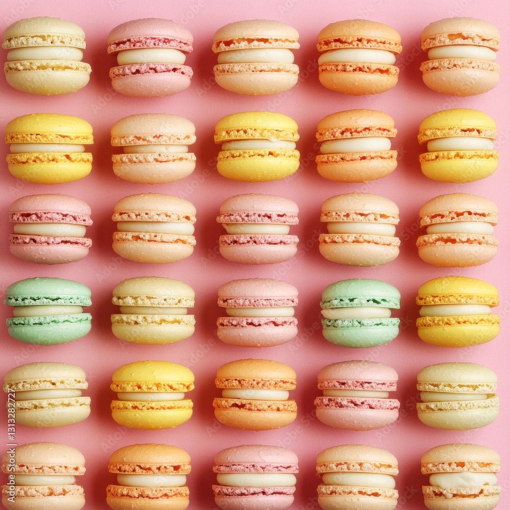 Obraz premium Colorful macarons arranged in pattern with flat lay lighting