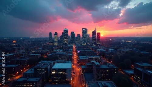 Dusk descends, aerial view of Manchester's iconic buildings, cityscape, photo, golden hour