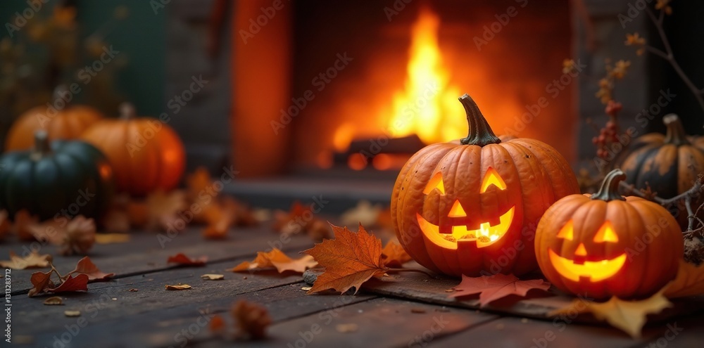 Fototapeta premium Soft glow, carved pumpkins, autumn leaves, fireplace, interior, vintage, design