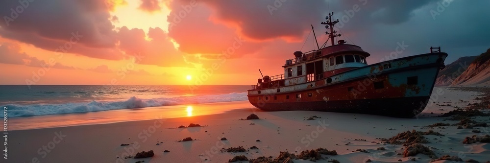 Naklejka premium Sun-drenched sand, splintered wreck, twilight sky, background, sky