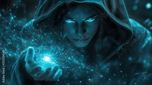 A hooded figure manifests luminous energy from the palm of a hand