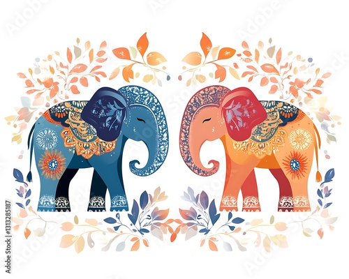 Elegant thai style culture intricate concept, Colorful Decorative Elephants Surrounded by Floral Elements