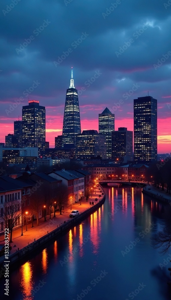 Naklejka premium Dusk settles, city lights illuminate Boston's iconic skyline , metropolitan, reflection