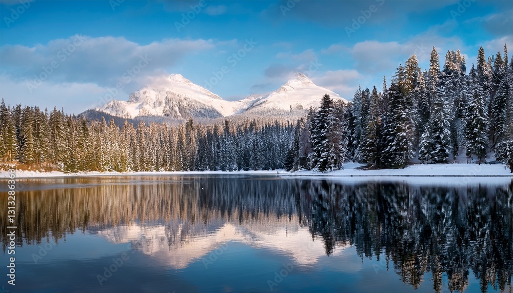 winter trees and mountain reflection in the lake