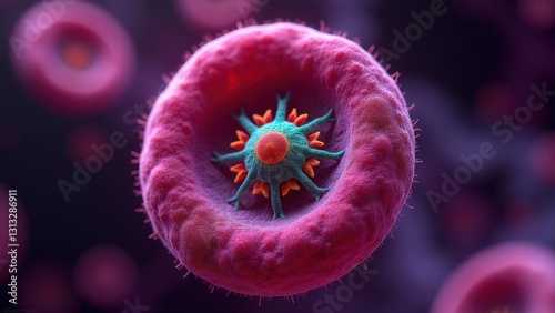 Malaria Parasite, Detailed micrograph of malaria parasite Plasmodium falciparum infecting red blood cell under fluorescent light in vivid 