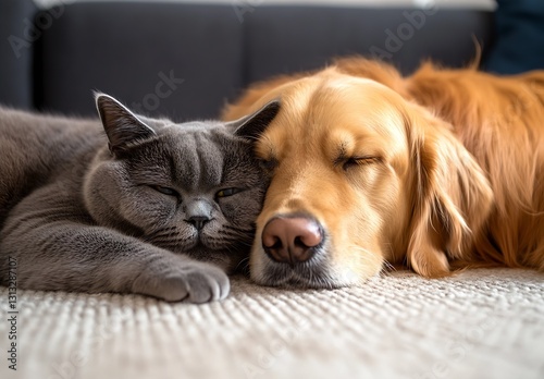 Wallpaper Mural Cute cat and dog cuddling close together while enjoying a peaceful nap on the soft rug : Generative AI Torontodigital.ca