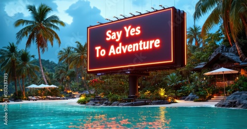 Floating led billboard say yes adventure neon red warm amber hovering vibrant tropical island resort infinity pool