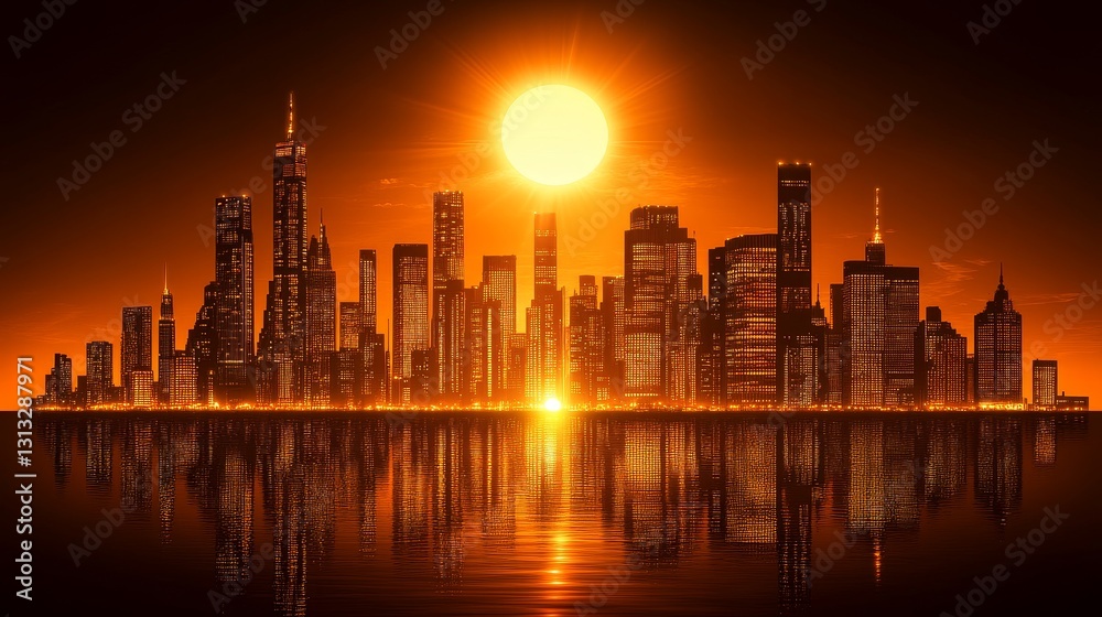 Fototapeta premium Urban sunrise golden hour cityscape reflecting water downtown silhouette modern architecture skyline scenic metropolis evening vista